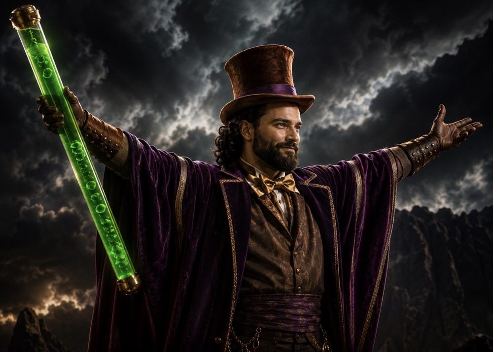 Pauly holding a glowing wand under a stormy sky