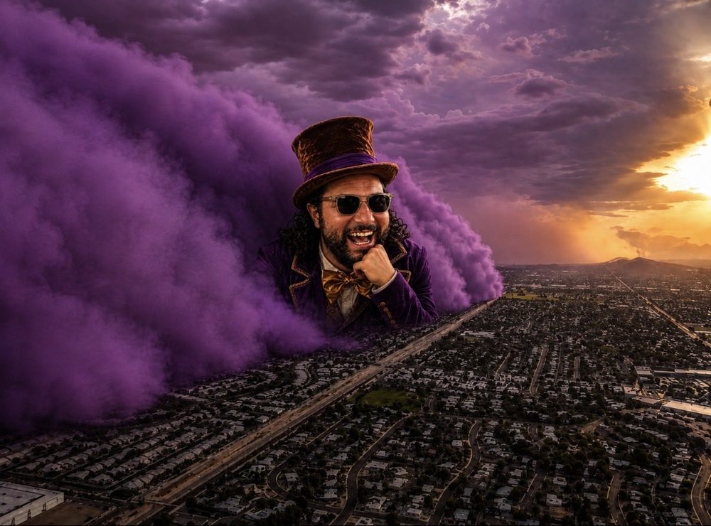 Pauly in purple smoke at sunset on the tracks
