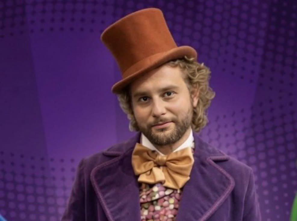 Pauly0x as Wonka0x, top hat and gold bow tie
